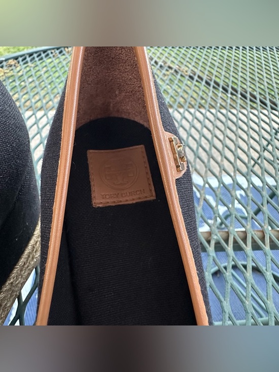 Tory Burch Black and Tan Espadrille Wedge Peep-Toe Size 7 - Picture 4 of 9